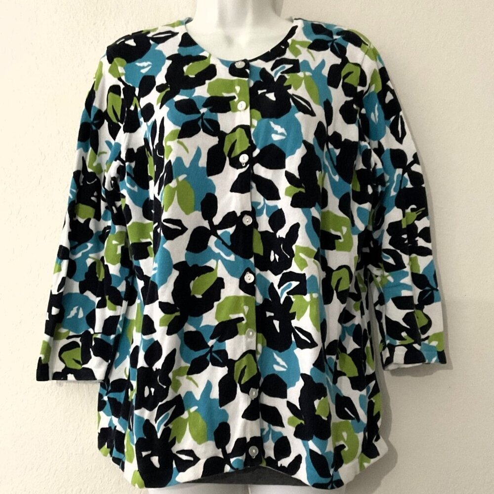 Vintage Sag Harbor Floral Cardigan Sweater 1X Blue Green Y2K Coastal Grandma
